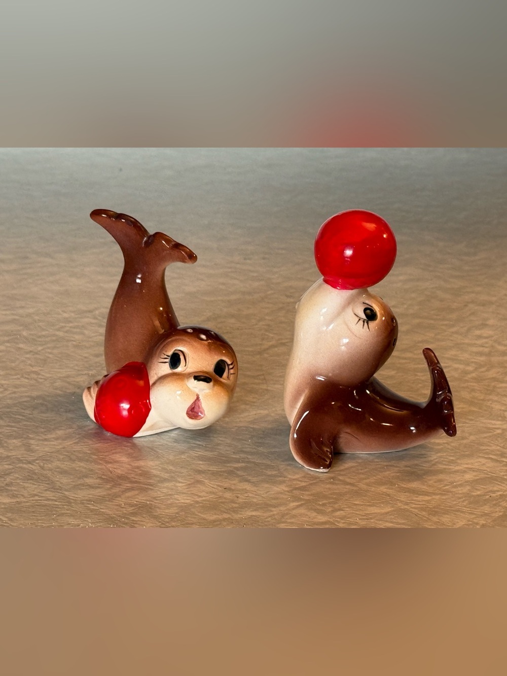 Vintage cute seals and ball salt and pepper set
